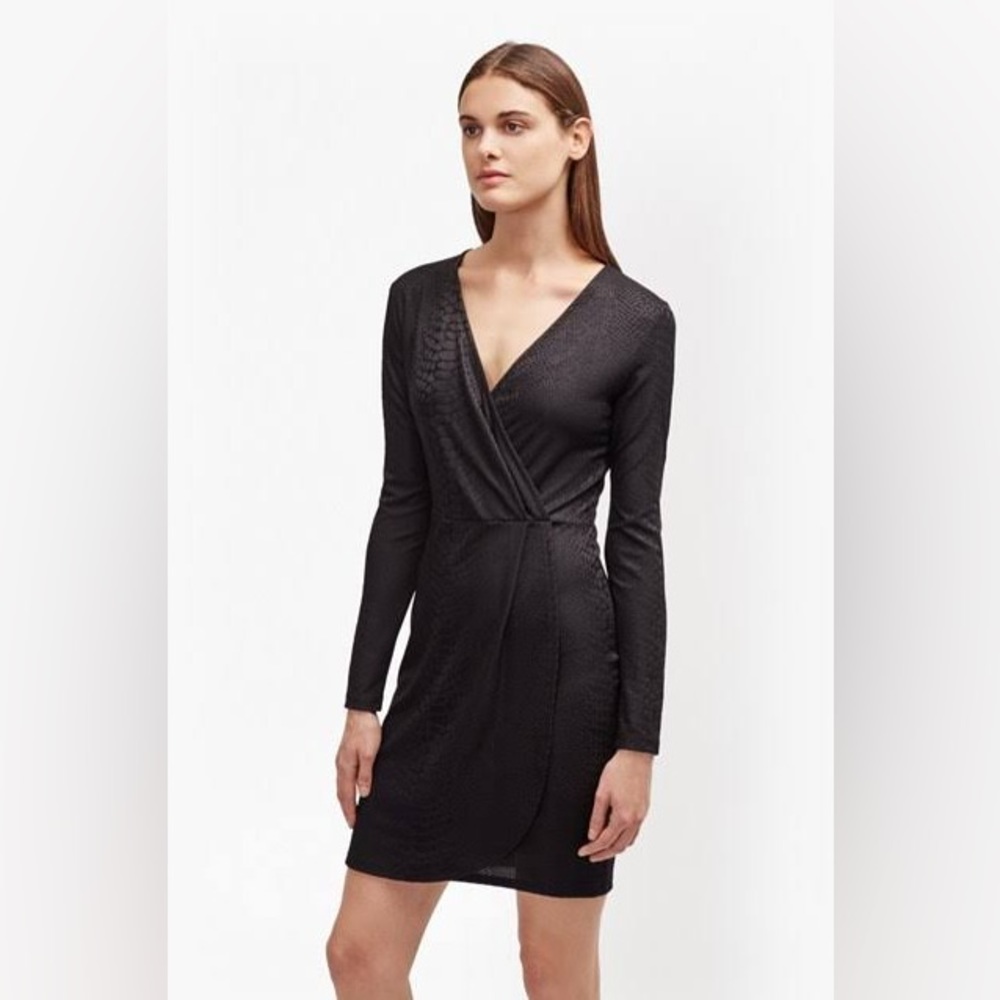 French Connection Black Snake Jacquard Long Sleeve Wrap Dress, NWT, Size 2